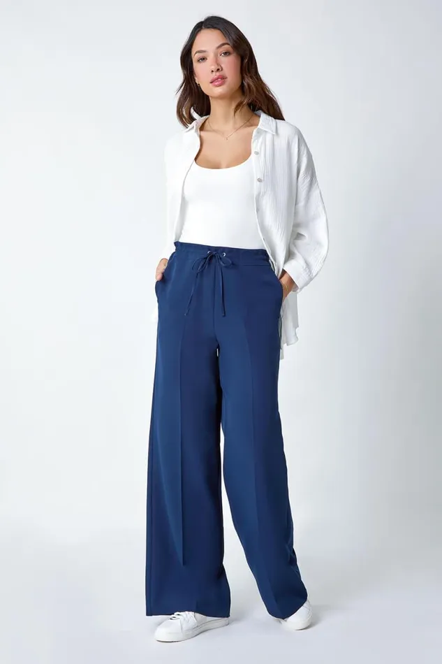 Navy Wide Leg Elastic Waist Tie Front Trouser Women Roman Trousers