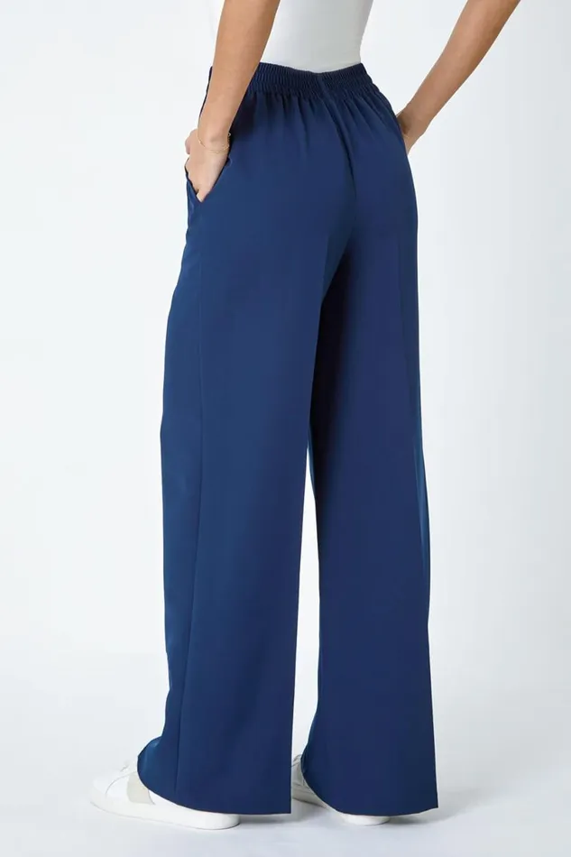 Navy Wide Leg Elastic Waist Tie Front Trouser Women Roman Trousers