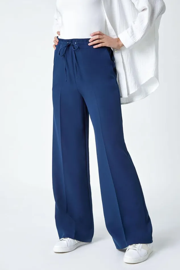 Navy Wide Leg Elastic Waist Tie Front Trouser Women Roman Trousers