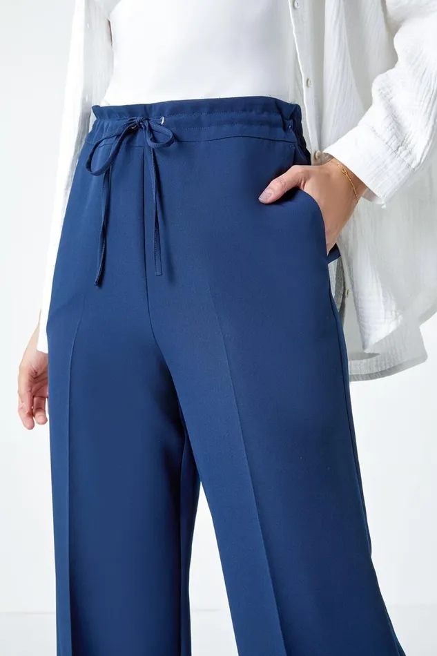 Navy Wide Leg Elastic Waist Tie Front Trouser Women Roman Trousers