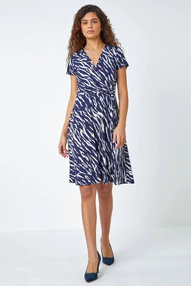 Navy Zebra Print Stretch Wrap Skater Dress Women Roman Dresses