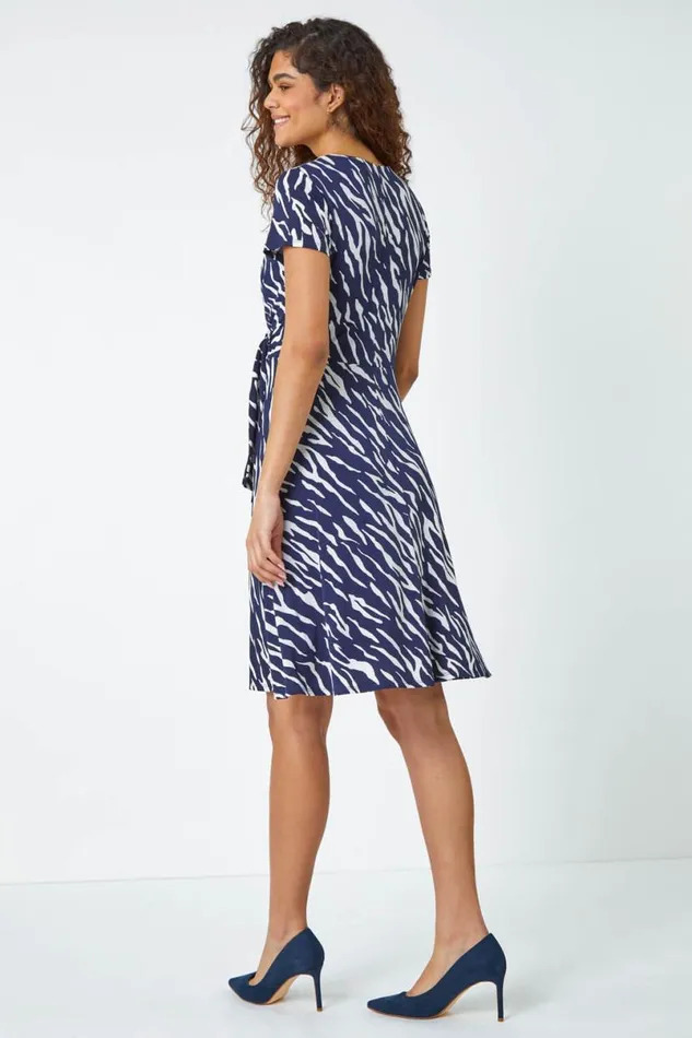 Navy Zebra Print Stretch Wrap Skater Dress Women Roman Dresses