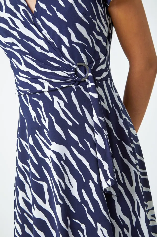 Navy Zebra Print Stretch Wrap Skater Dress Women Roman Dresses