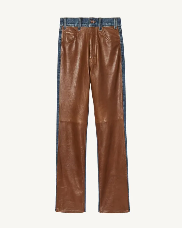 Nili Lotan JOAN LEATHER COMBO JEAN Simon Wash W Cognac Women Denim
