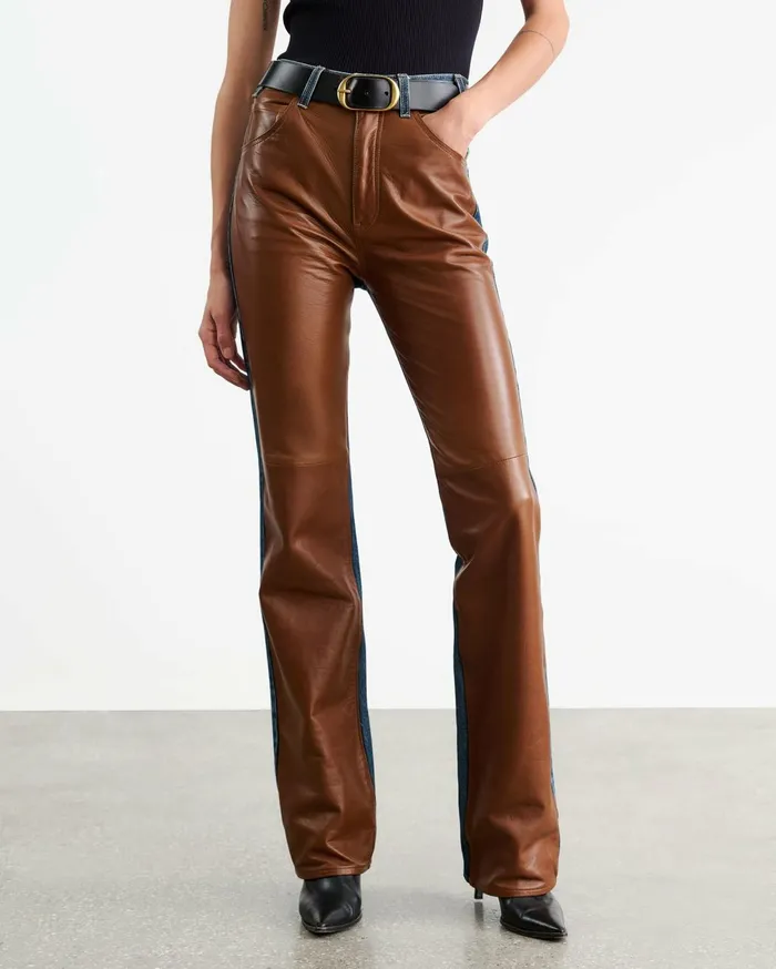 Nili Lotan JOAN LEATHER COMBO JEAN Simon Wash W Cognac Women Denim