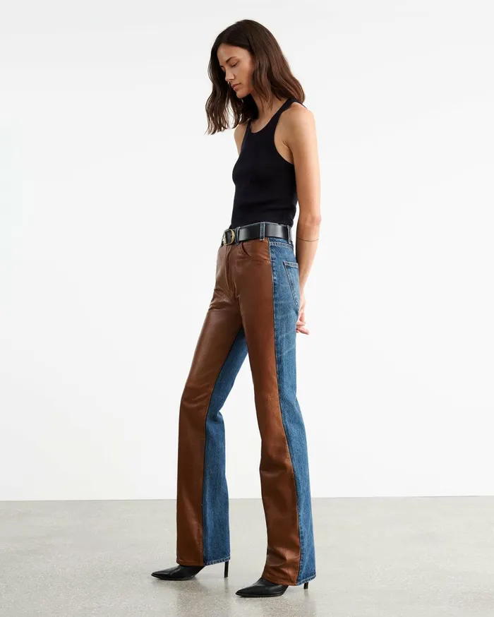 Nili Lotan JOAN LEATHER COMBO JEAN Simon Wash W Cognac Women Denim