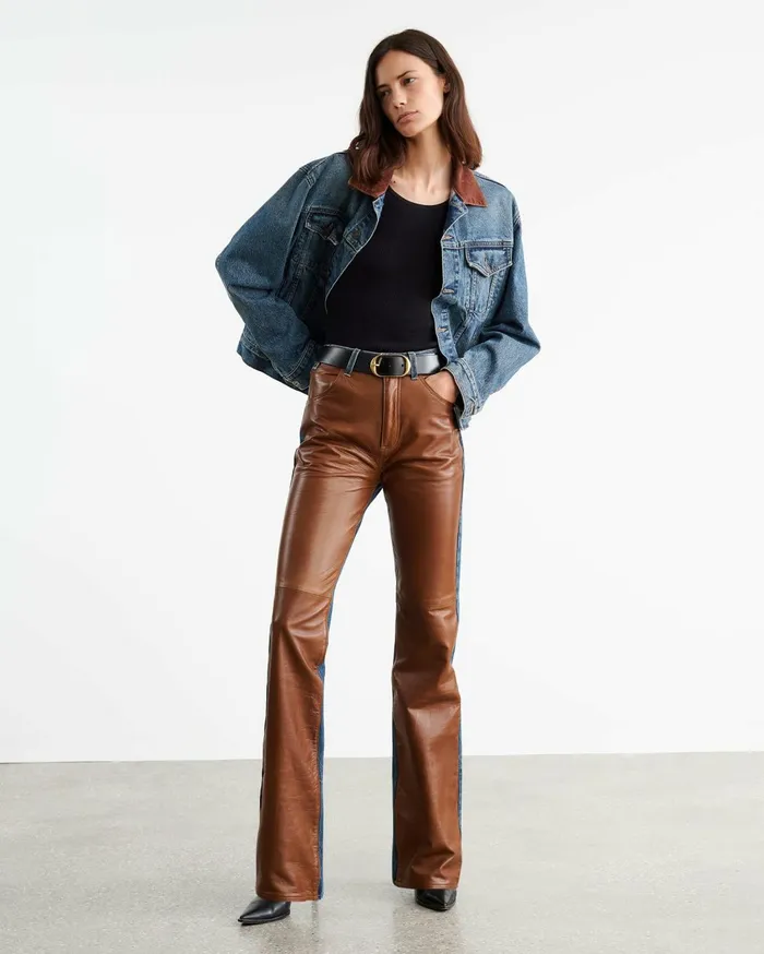 Nili Lotan JOAN LEATHER COMBO JEAN Simon Wash W Cognac Women Denim