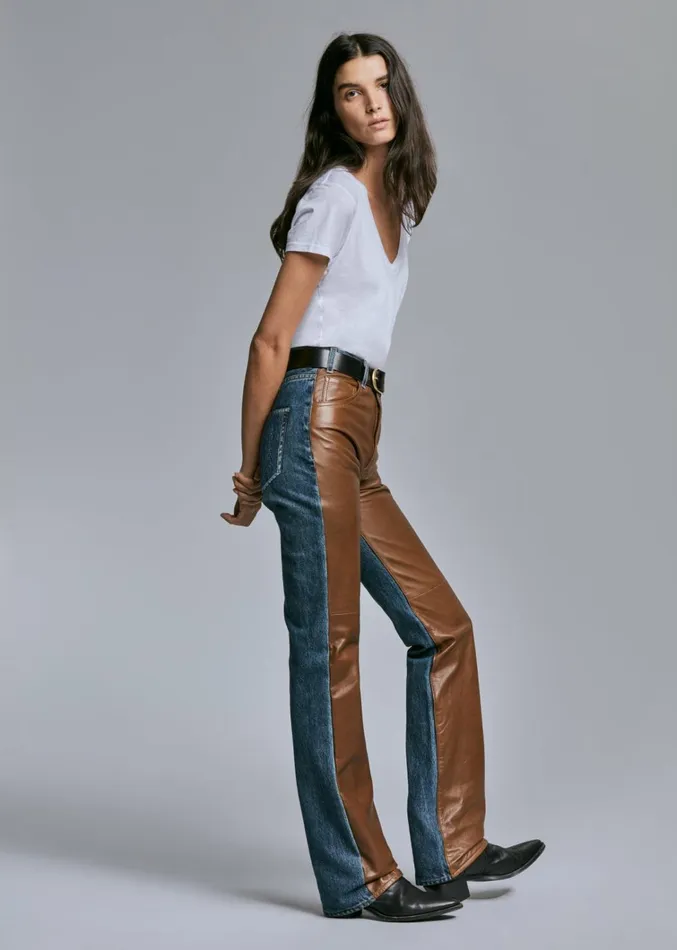 Nili Lotan JOAN LEATHER COMBO JEAN Simon Wash W Cognac Women Denim