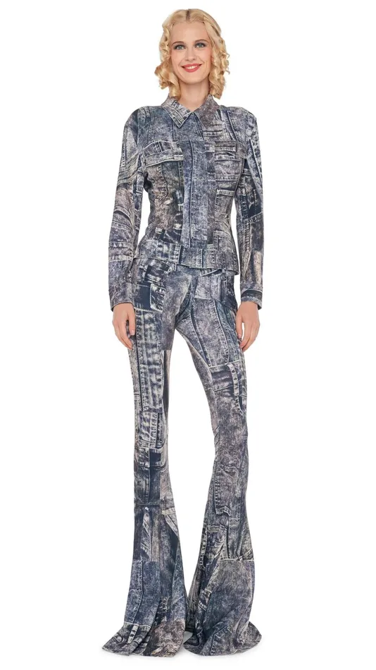 Norma Kamali Bottoms FISHTAIL JEAN Blacknavy Denim Print 8211 Clothing