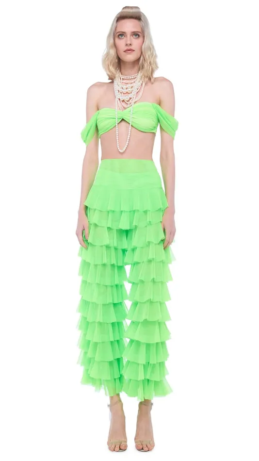 Norma Kamali Bottoms WIDE LEG RUFFLE PANT Neon Green 8211 Clothing