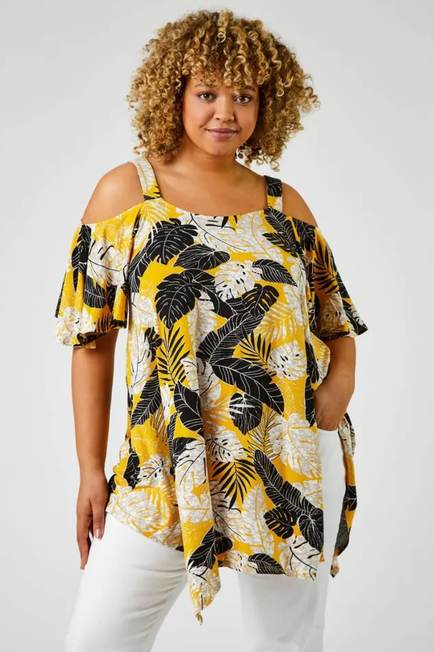 Ochre Curve Tropical Leaf Print Cold Shoulder Top Women Roman Tops