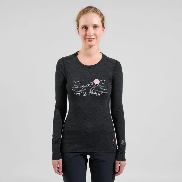 Odlo Mid Layers and Longsleeves The Merino 200 Print Warm Long Sleeve TShirt Dark Grey Melange 8211 Women