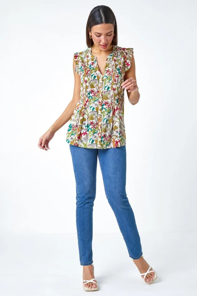 Olive Shimmer Stripe Floral Frill Sleeve VNeck Top Women Roman Tops