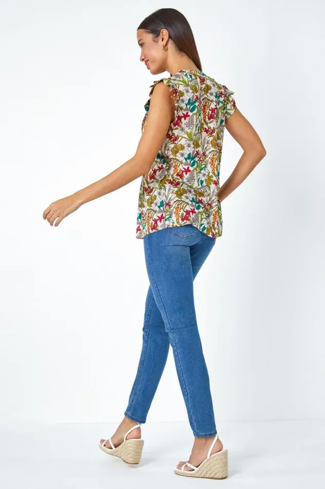 Olive Shimmer Stripe Floral Frill Sleeve VNeck Top Women Roman Tops