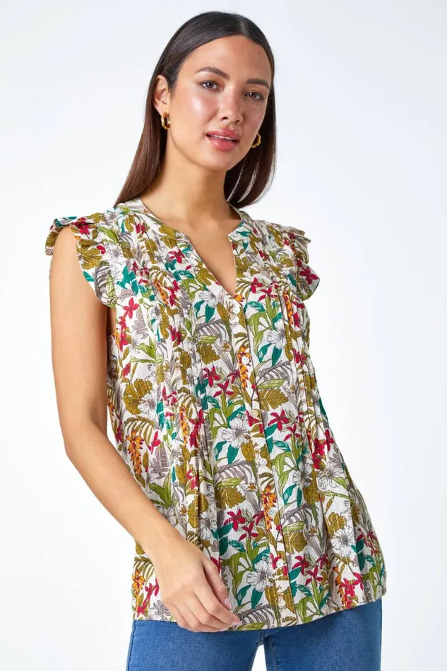 Olive Shimmer Stripe Floral Frill Sleeve VNeck Top Women Roman Tops