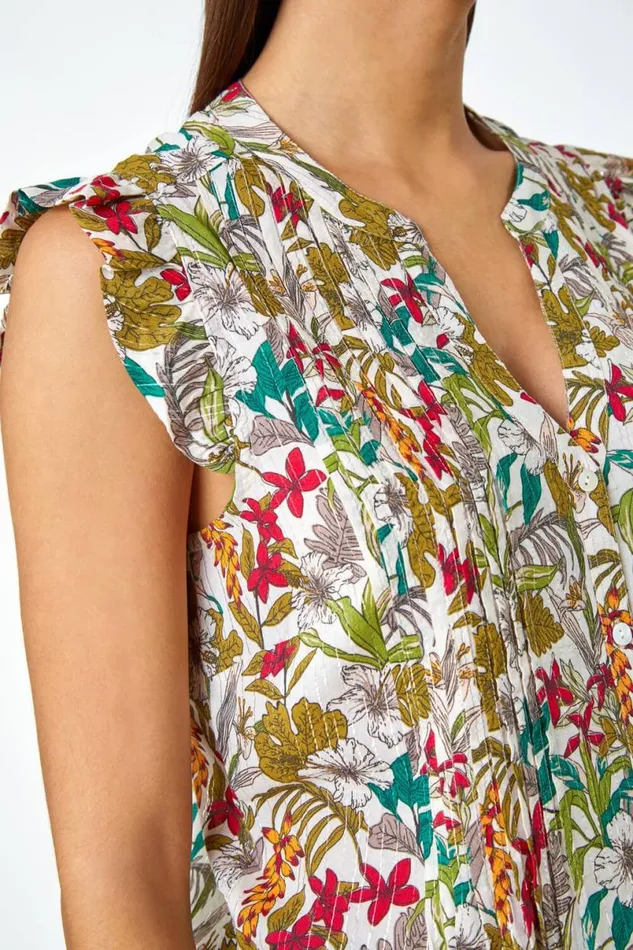 Olive Shimmer Stripe Floral Frill Sleeve VNeck Top Women Roman Tops