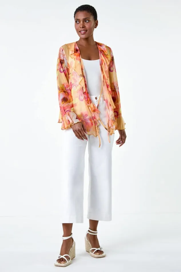 Orange Blurred Floral VNeck Stretch Mesh Top Women Roman Tops