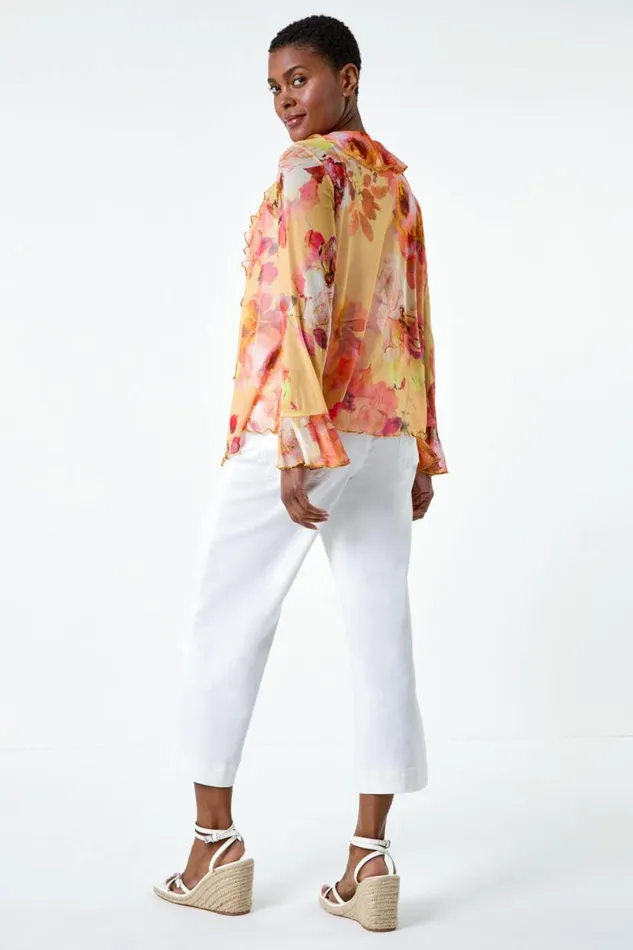 Orange Blurred Floral VNeck Stretch Mesh Top Women Roman Tops