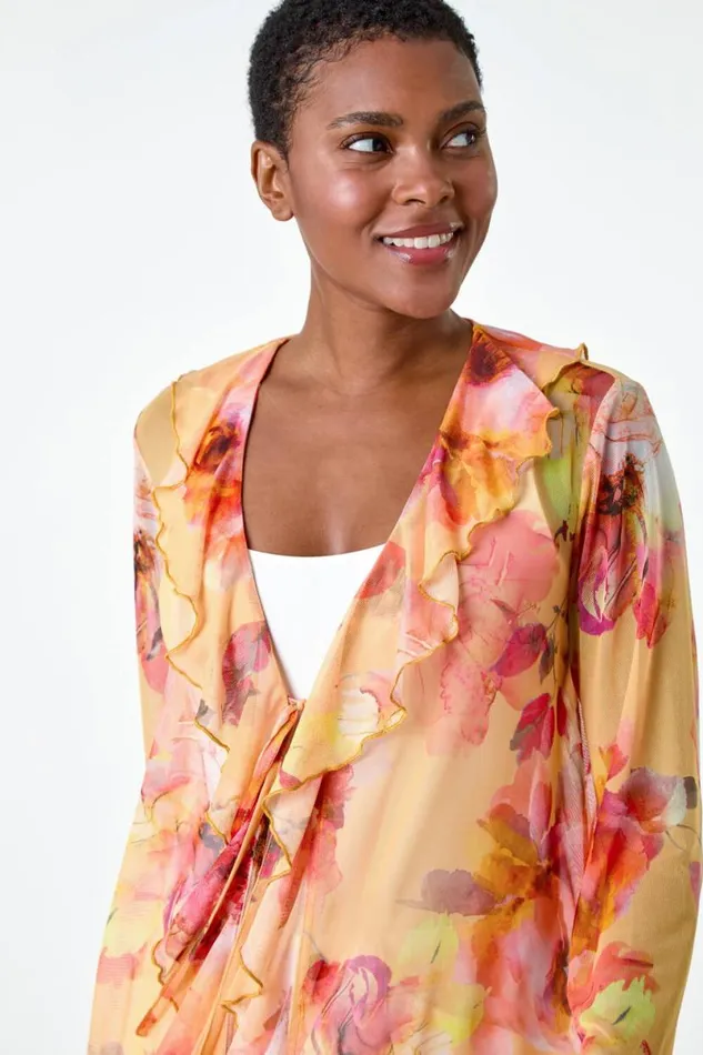 Orange Blurred Floral VNeck Stretch Mesh Top Women Roman Tops