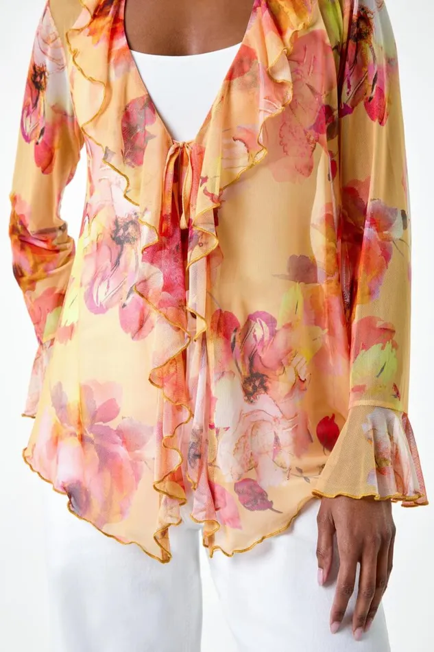 Orange Blurred Floral VNeck Stretch Mesh Top Women Roman Tops