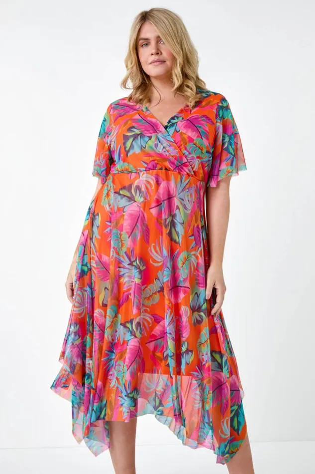 Orange Curve Tropical Stretch Mesh Wrap Dress Women Roman Dresses