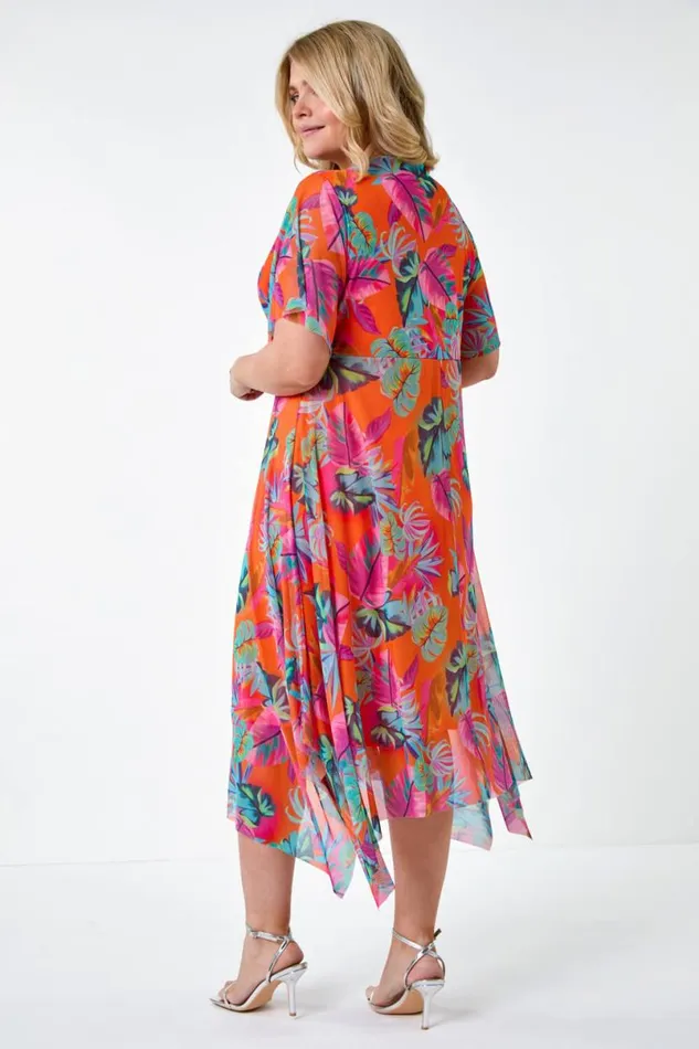 Orange Curve Tropical Stretch Mesh Wrap Dress Women Roman Dresses