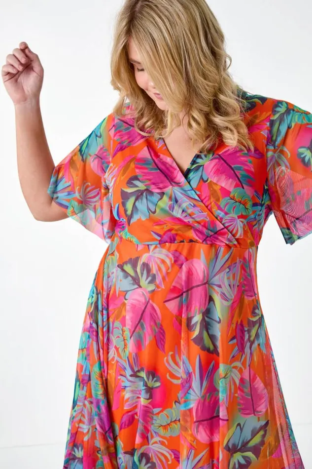 Orange Curve Tropical Stretch Mesh Wrap Dress Women Roman Dresses