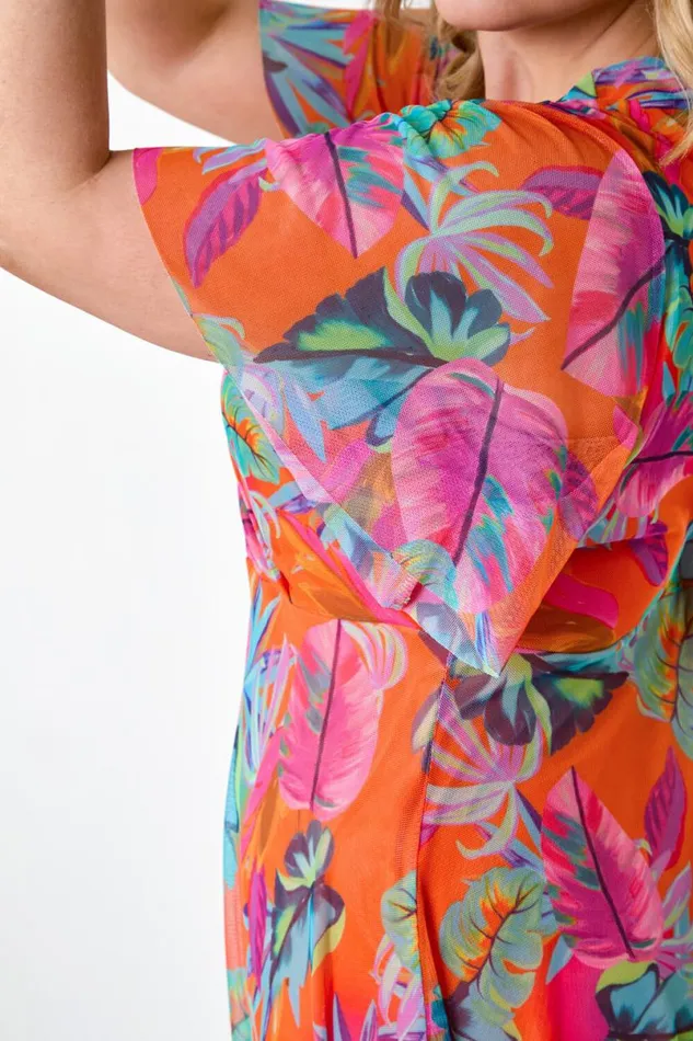 Orange Curve Tropical Stretch Mesh Wrap Dress Women Roman Dresses