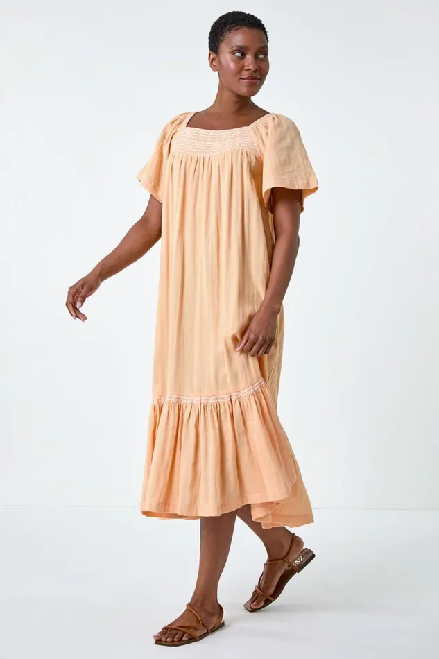 Orange Embroidered Cotton Midi Smock Dress Women Roman Dresses