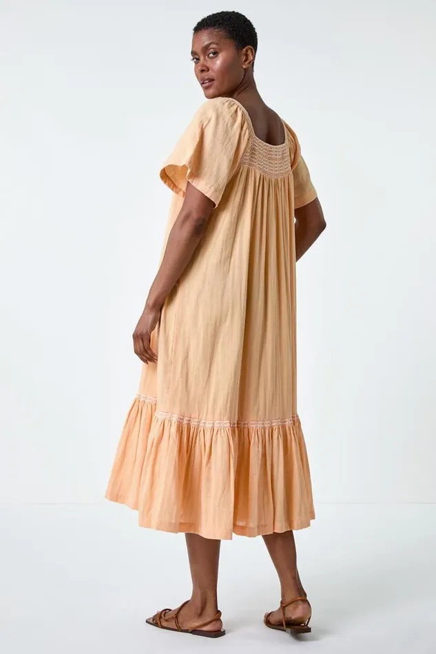 Orange Embroidered Cotton Midi Smock Dress Women Roman Dresses