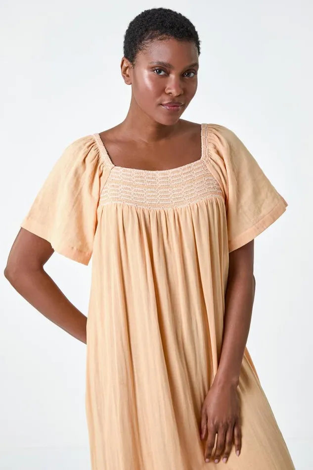 Orange Embroidered Cotton Midi Smock Dress Women Roman Dresses