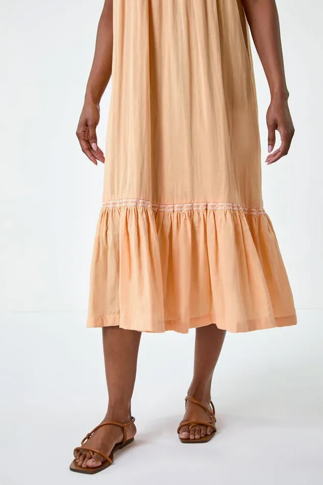 Orange Embroidered Cotton Midi Smock Dress Women Roman Dresses