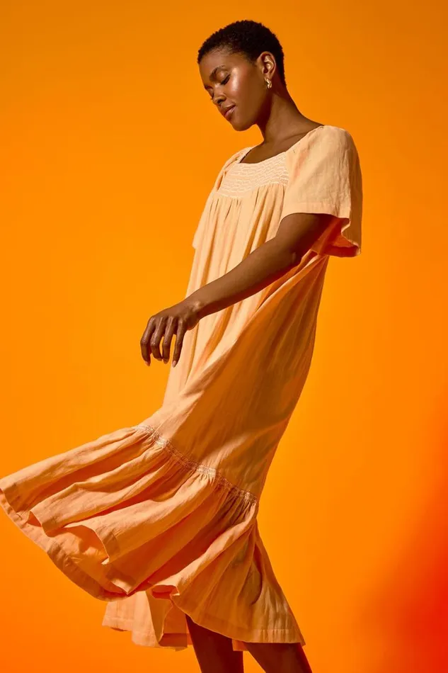 Orange Embroidered Cotton Midi Smock Dress Women Roman Dresses