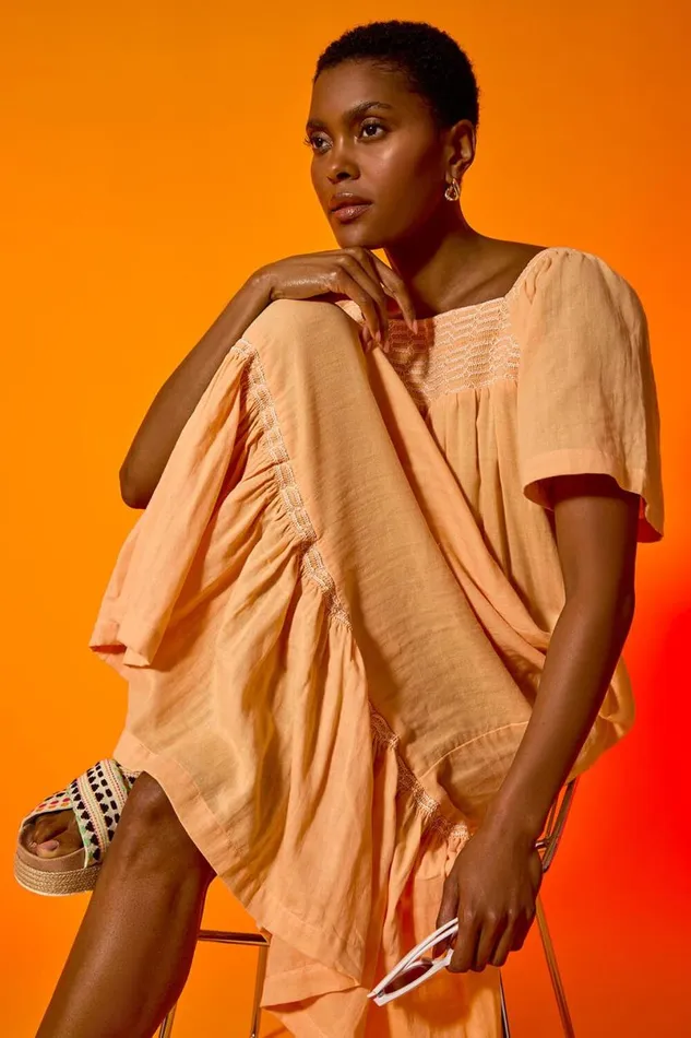 Orange Embroidered Cotton Midi Smock Dress Women Roman Dresses