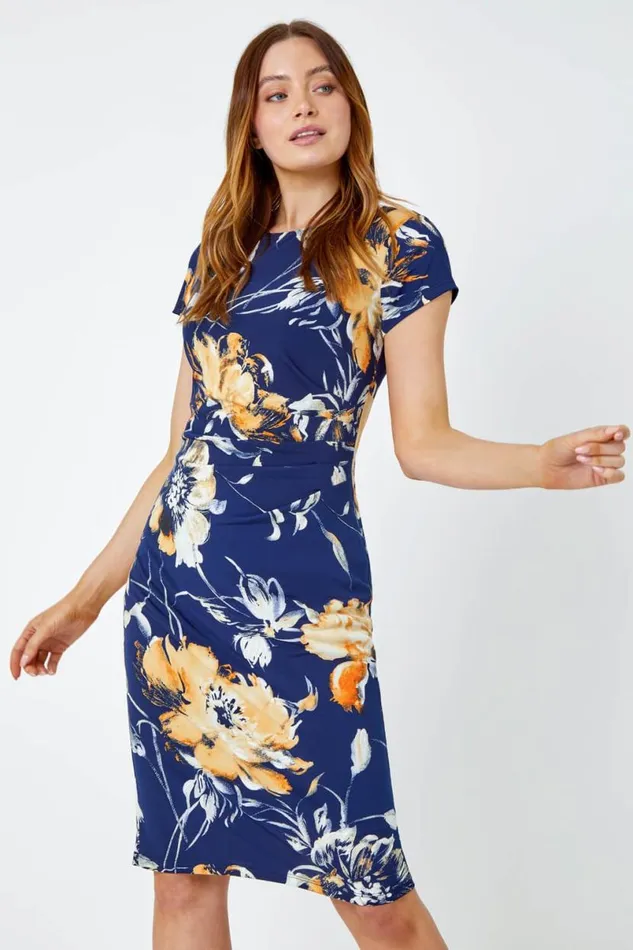 Orange Fitted Textured Floral Print Ruched Dress Women Roman Dresses