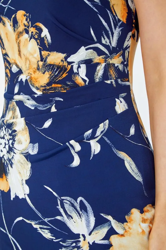 Orange Fitted Textured Floral Print Ruched Dress Women Roman Dresses