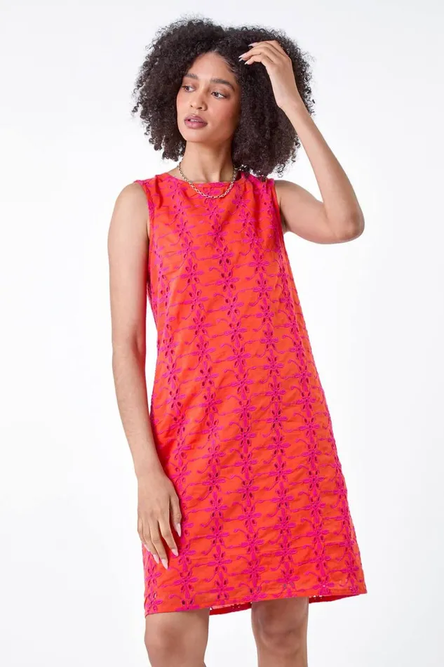 Orange Floral Embroidered Cotton Shift Dress Women Roman Dresses