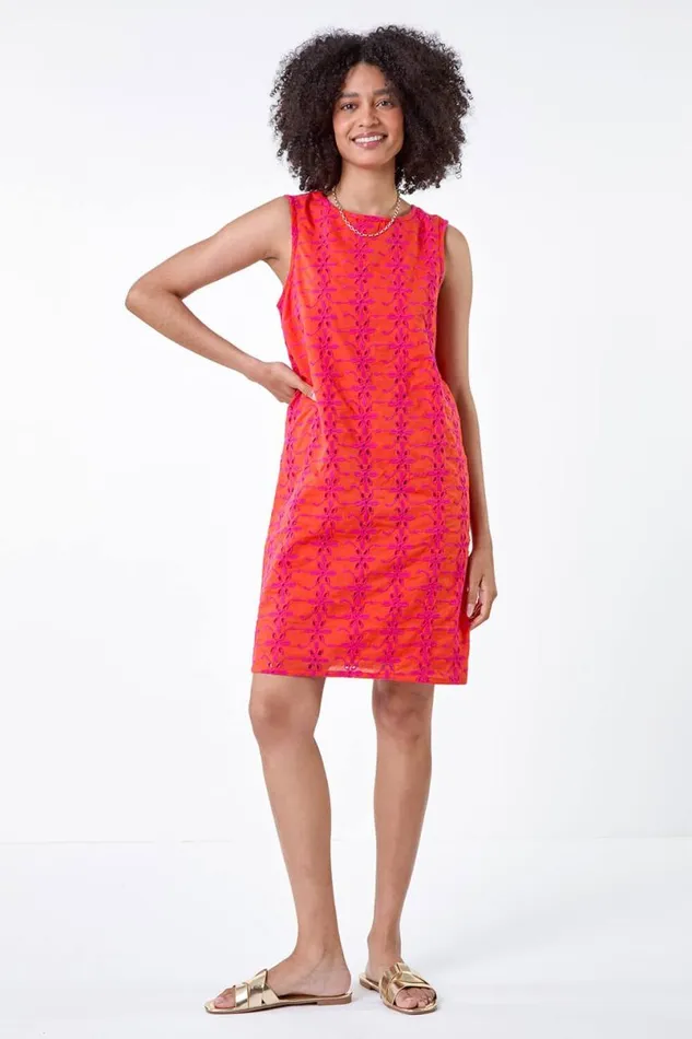 Orange Floral Embroidered Cotton Shift Dress Women Roman Dresses