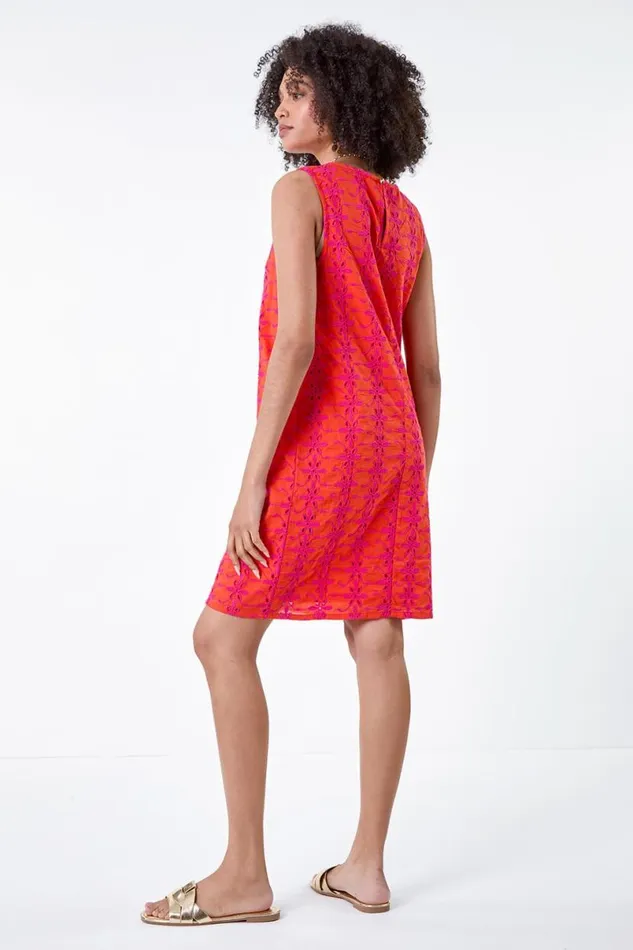 Orange Floral Embroidered Cotton Shift Dress Women Roman Dresses