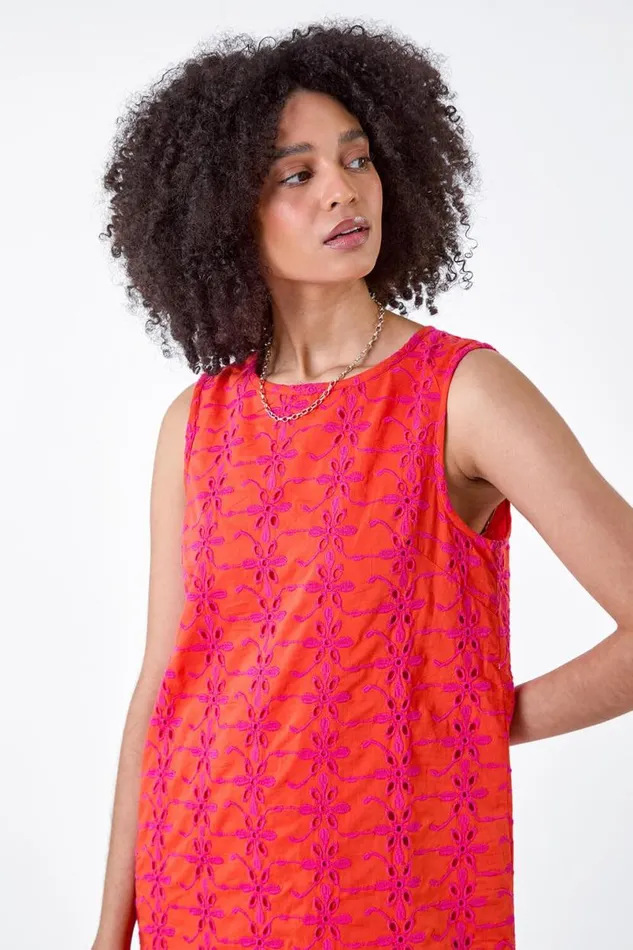 Orange Floral Embroidered Cotton Shift Dress Women Roman Dresses