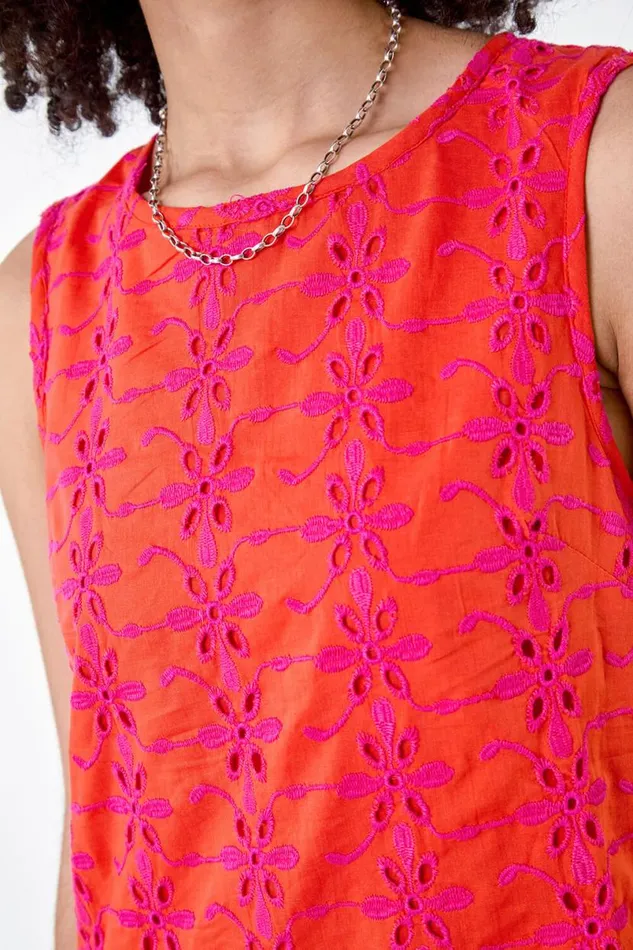 Orange Floral Embroidered Cotton Shift Dress Women Roman Dresses