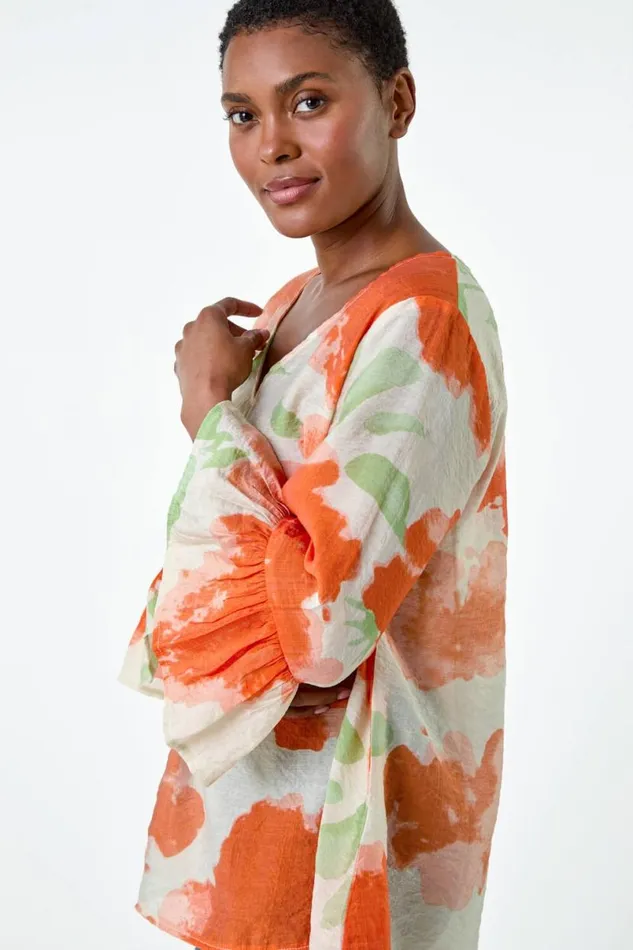 Orange Floral Print Frill Sleeve Top Women Roman Tops