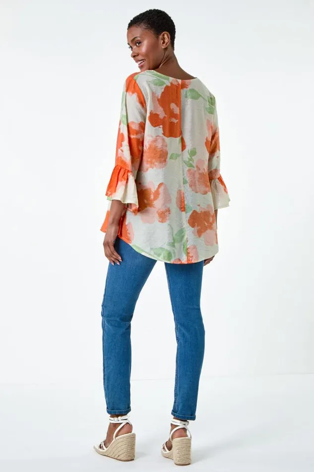 Orange Floral Print Frill Sleeve Top Women Roman Tops