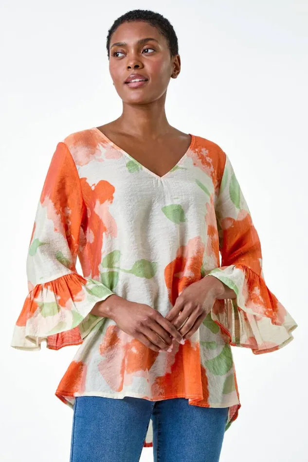Orange Floral Print Frill Sleeve Top Women Roman Tops