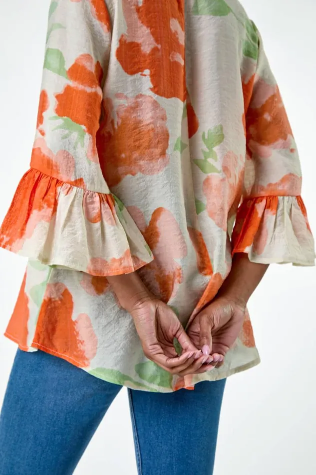Orange Floral Print Frill Sleeve Top Women Roman Tops