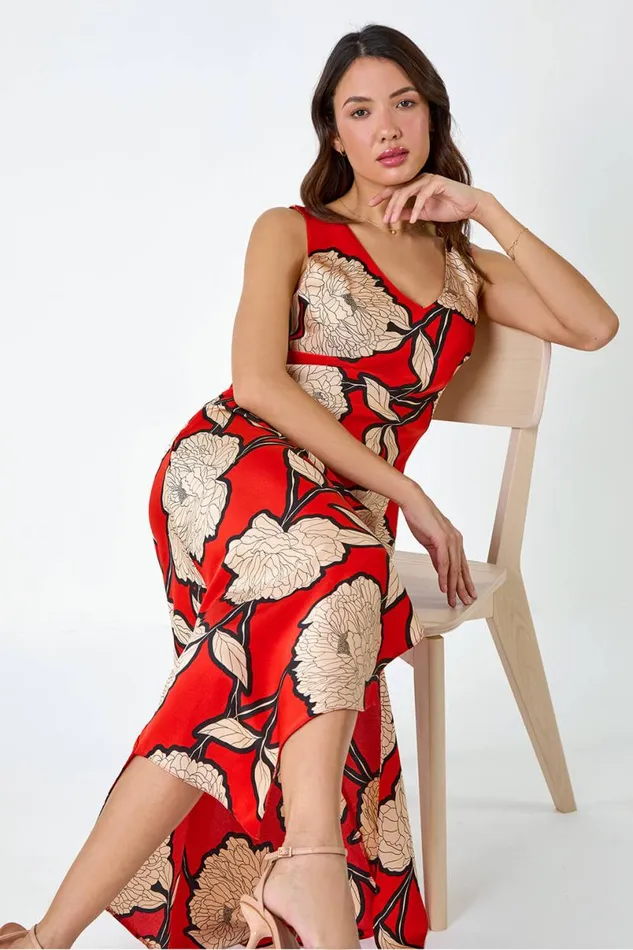 Orange Floral Print Satin Midi Dress Women Roman Dresses