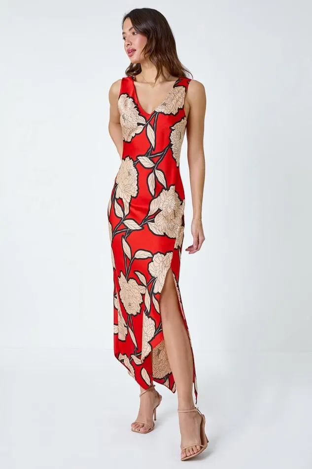 Orange Floral Print Satin Midi Dress Women Roman Dresses