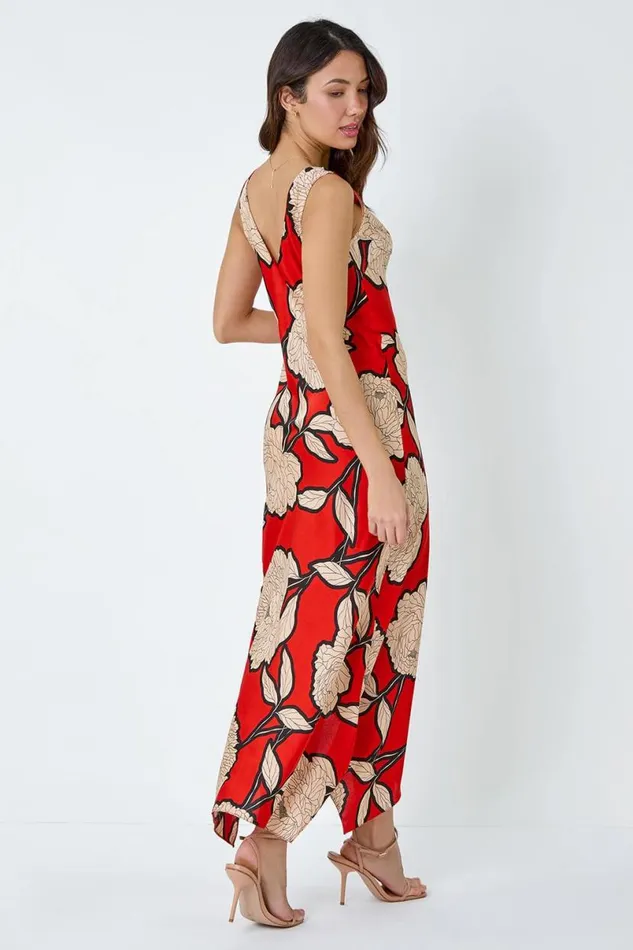 Orange Floral Print Satin Midi Dress Women Roman Dresses