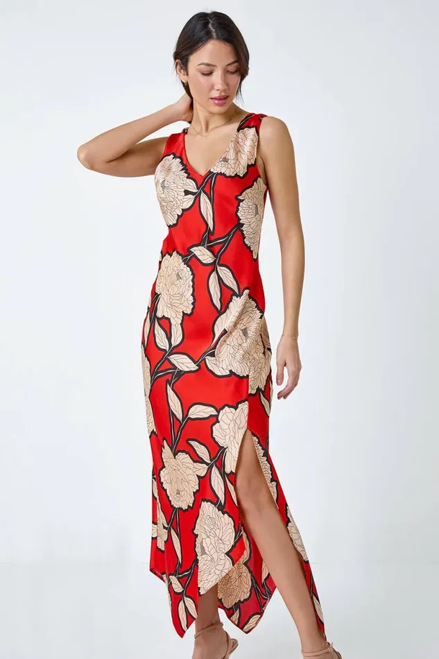 Orange Floral Print Satin Midi Dress Women Roman Dresses