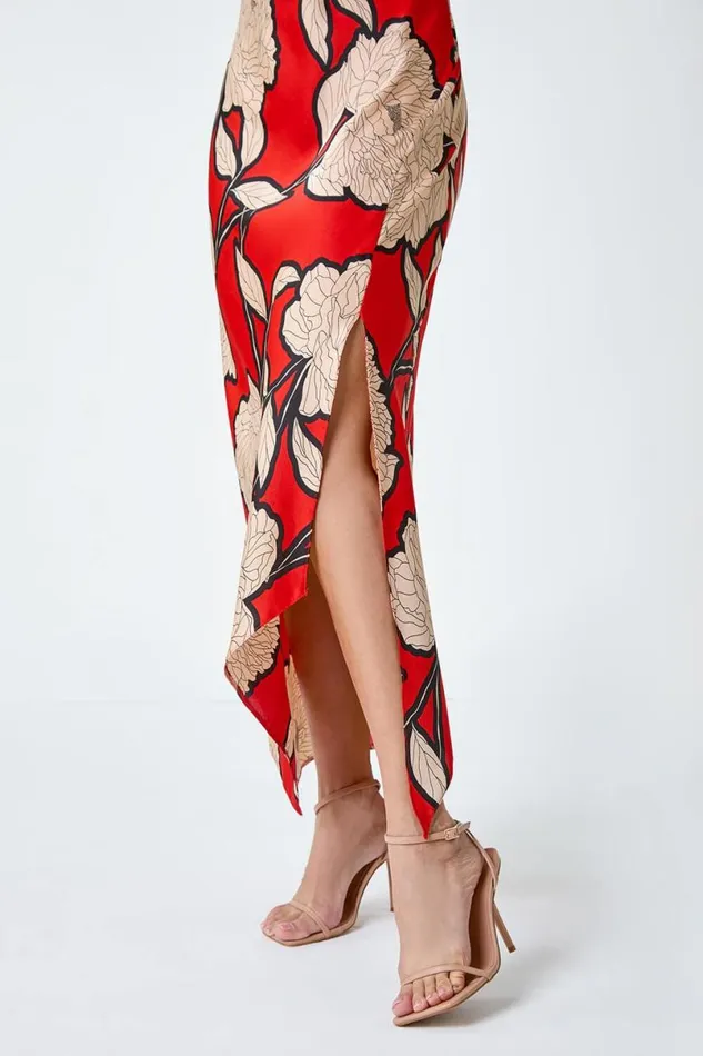 Orange Floral Print Satin Midi Dress Women Roman Dresses
